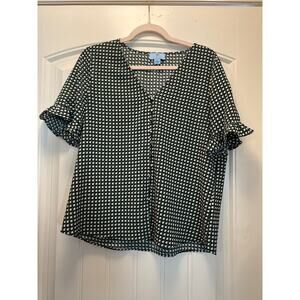 Cece Women’s V-Neck Gingham Button Down‎ Short Ruffle Sleeve Top Size M Green